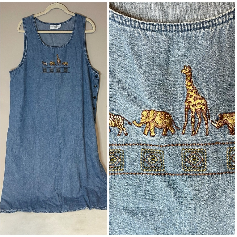 Vintage 1990s African Animals Embroidered Denim Maxi Dress Button Side